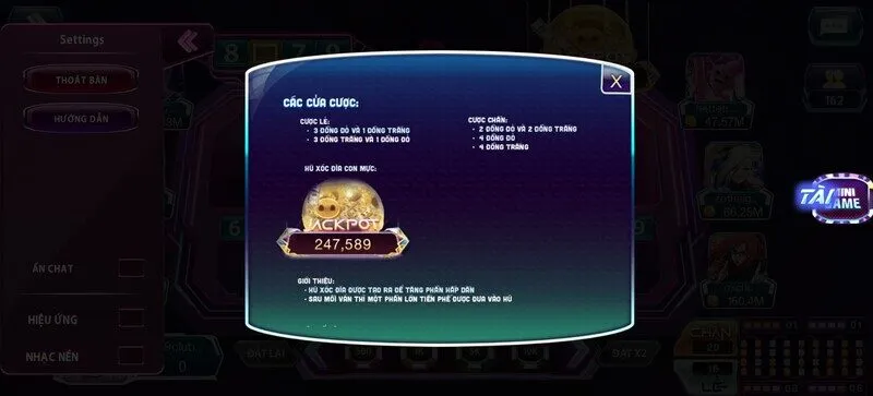 Các cửa cược và tỷ lệ trả thưởng trong game